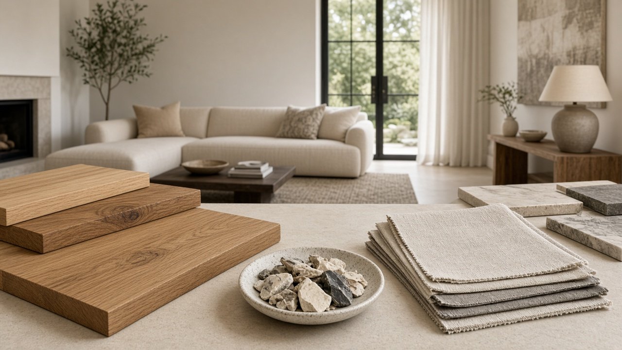 Timber, stone, and fabric samples in front of a finished living room