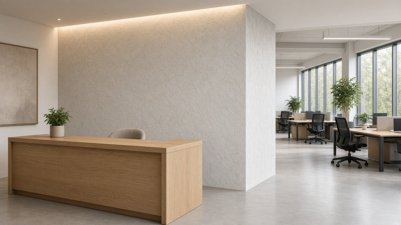 Office interior in Hosur with a timber reception and an open workstation floor