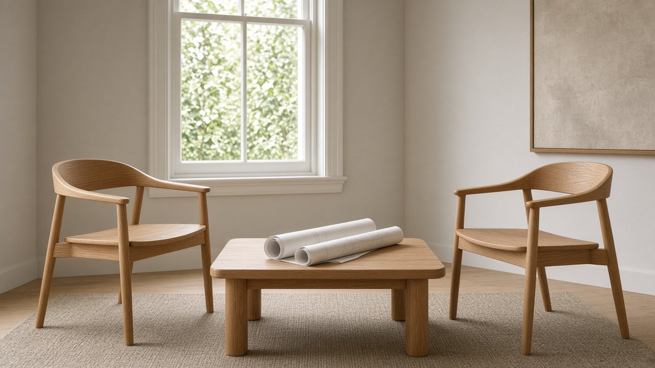 Two chairs and rolled drawings for a project meeting at the Hosur studio