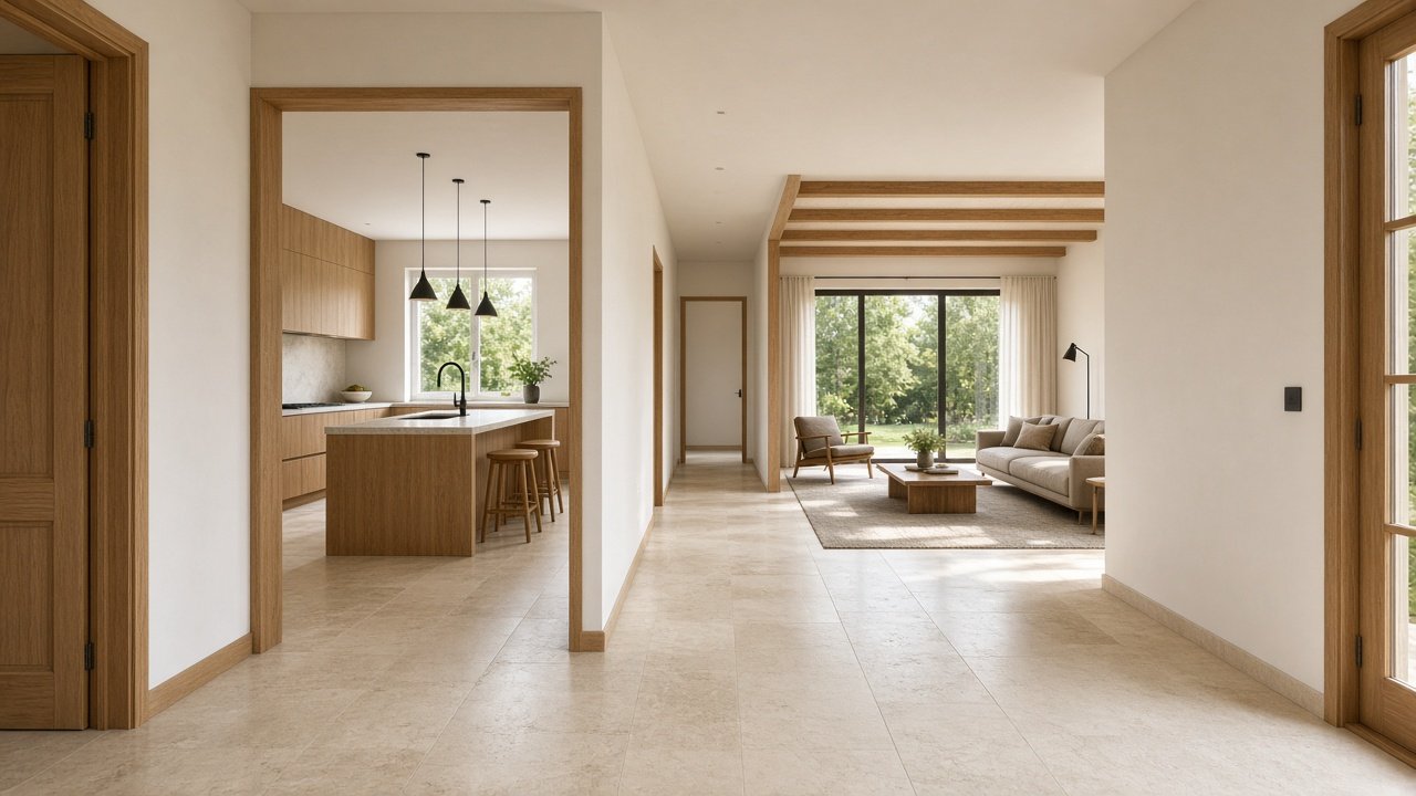 Hosur home interior with a modular kitchen and a living room along one corridor