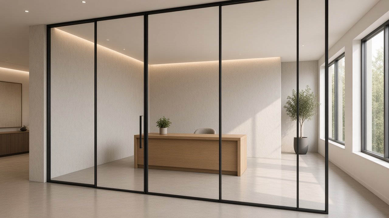 Black aluminium-framed glass partitions around an office desk in Hosur