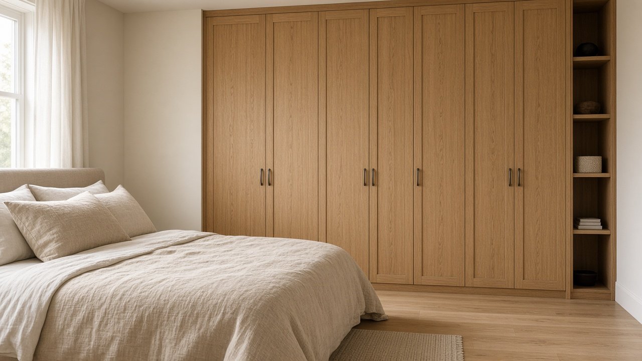 Bedroom with a linen bed and a floor-to-ceiling timber wardrobe