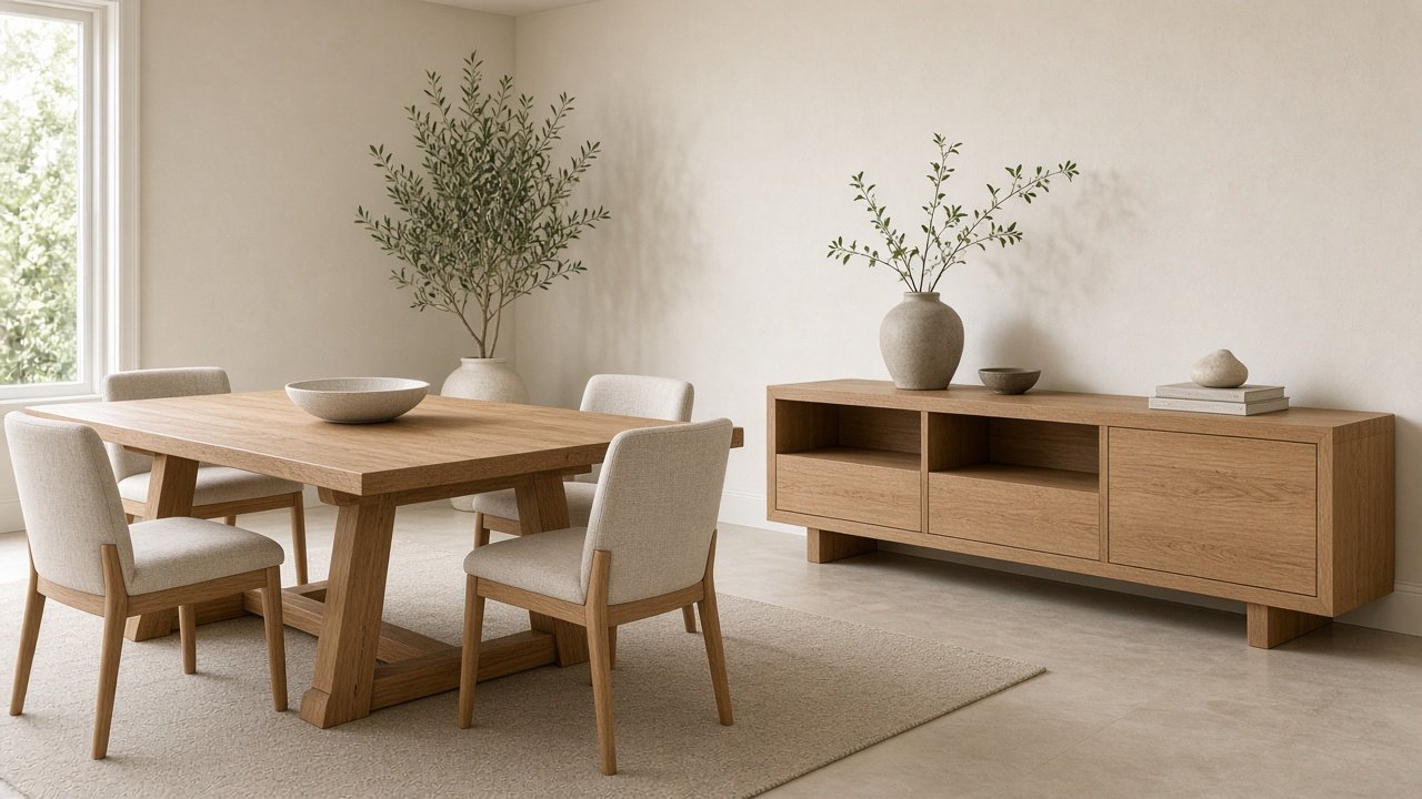 Custom timber dining table, chairs, and a low sideboard