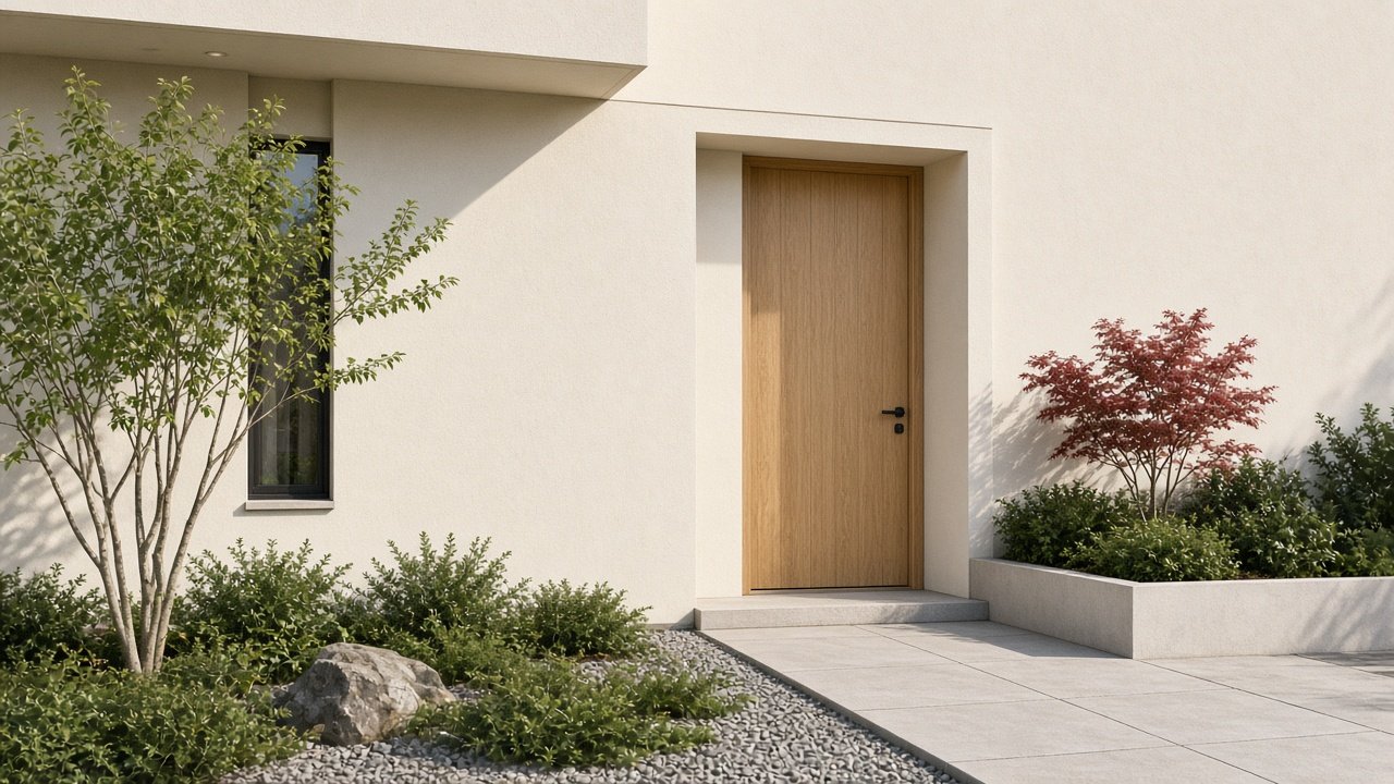 Exterior entrance with a timber door, pale walls, and a planted court