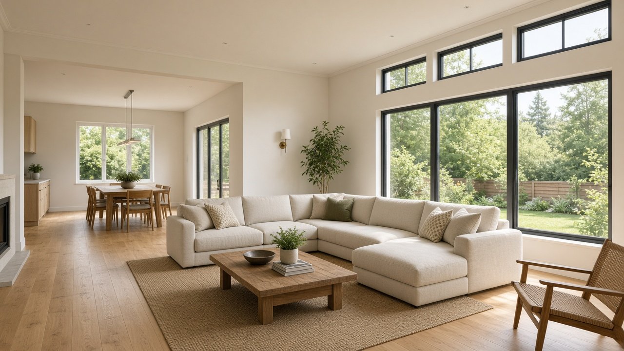 Remodelled living room with a large sofa, black-framed windows, and a dining table beyond
