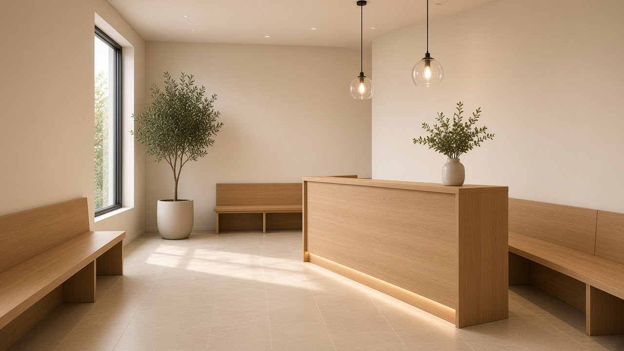 Institution waiting room in Hosur with timber benches and a reception desk