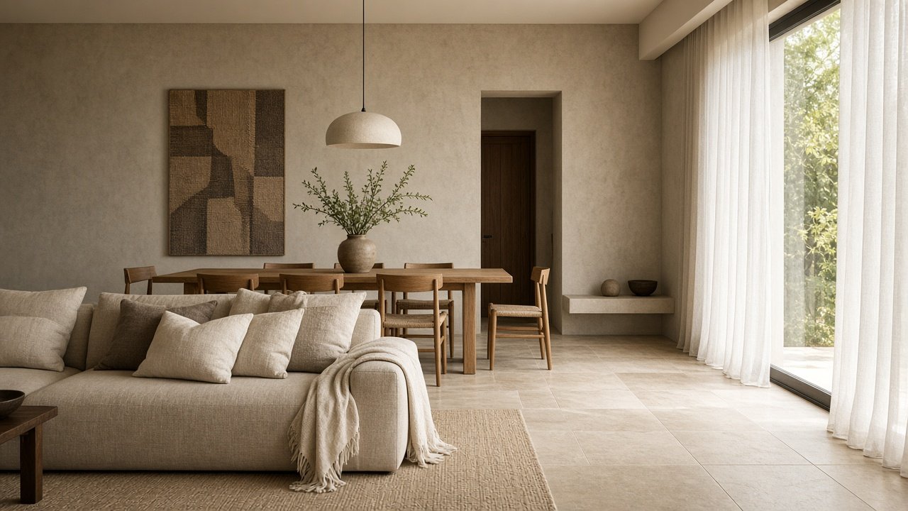 Modern living and dining room with a linen sofa, a timber table, and sheer curtains