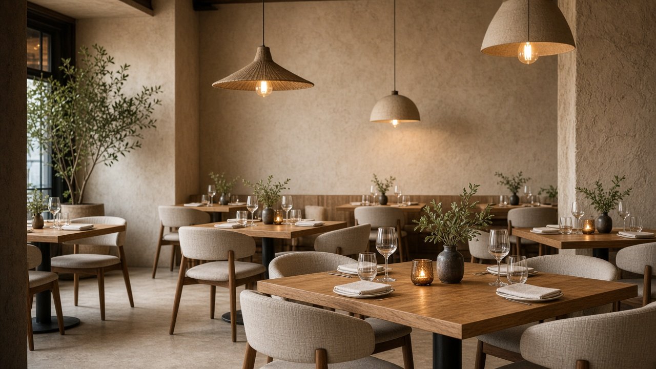 Restaurant interior with timber tables, linen chairs, and woven pendant lights