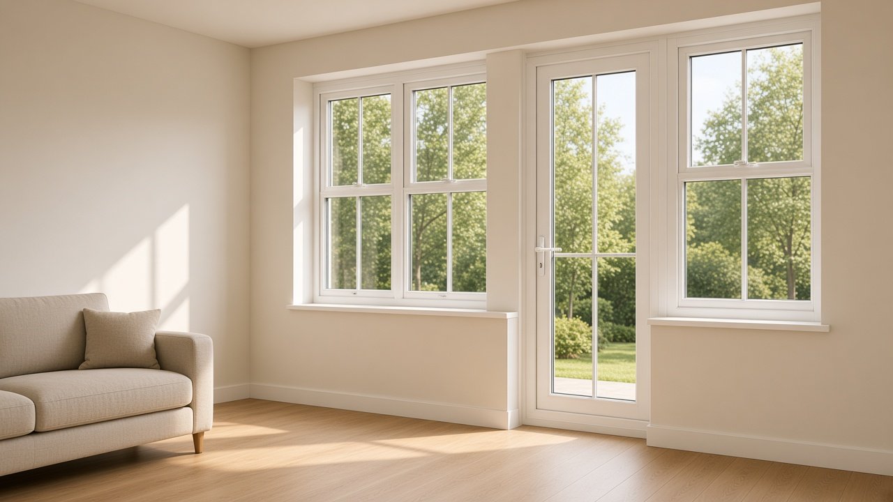 White UPVC windows and a glazed door in a cream living room, specified for a Hosur home